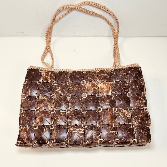 Vintage Coconut Shell Purse 70s 1970s Macrame Shoulder Bag Island Chic - Picture 2 of 12